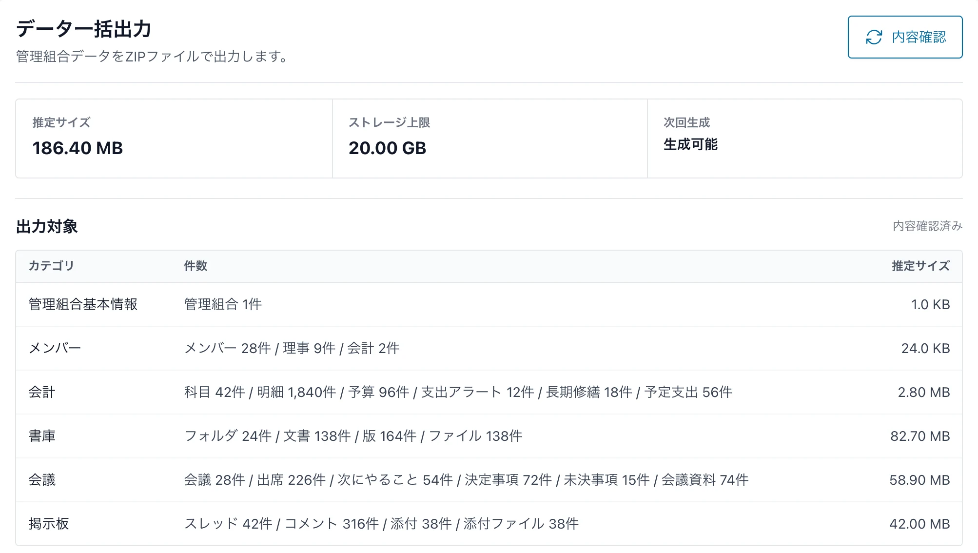 まんくみのデータ一括出力画面